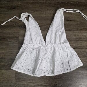 Mod On Trend Womens Medium Halter Top White Eyelet Peplum Deep V-Neck Tie Straps